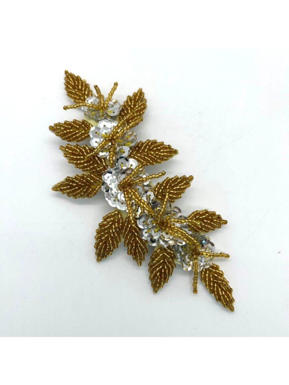 Floral Hair Barrette Gold-Tone Beaded Silvertone Sequin 6" Bridal Prom Formal - Picture 2 of 10